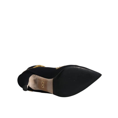 Dolce & Gabbana Black Gold Embroidery Slip On Boots Shoes