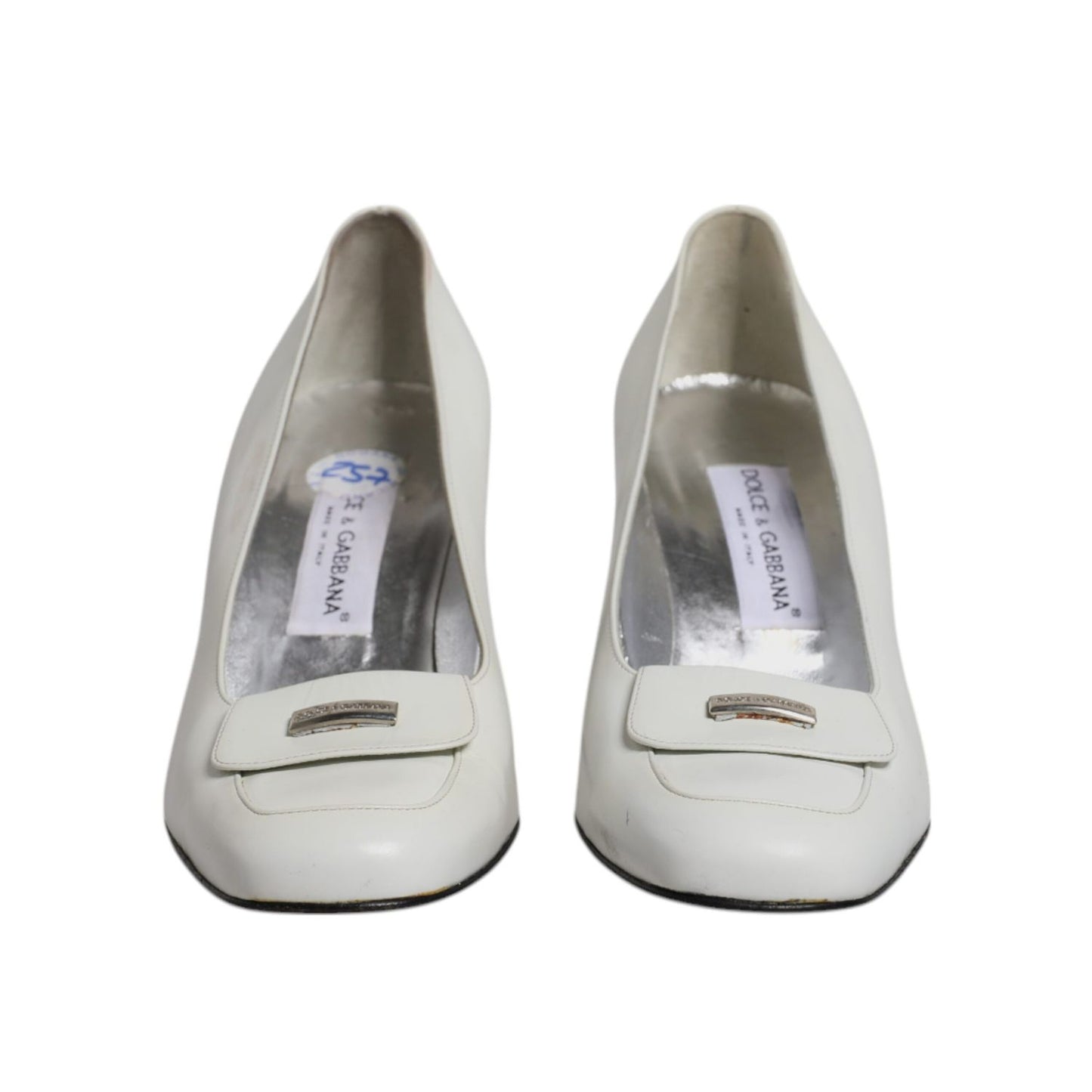 Dolce & Gabbana White Leather Block Heels Pumps Shoes