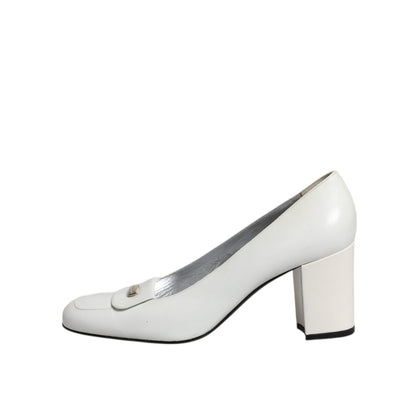 Dolce & Gabbana White Leather Block Heels Pumps Shoes
