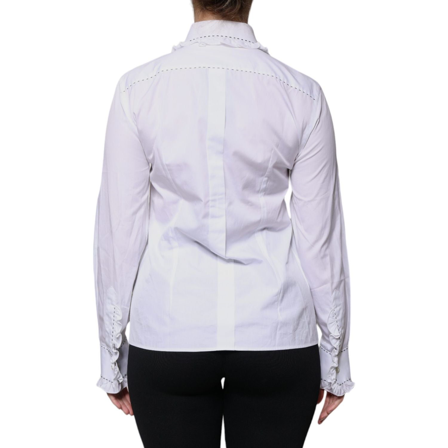 Dolce & Gabbana White Cotton Long Sleeves Ruffle Collar Top