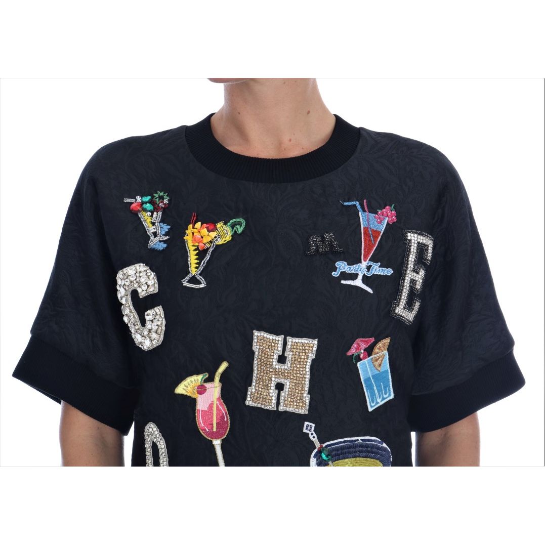 Dolce & Gabbana Black Brocade Cocktail Crystal Sweater