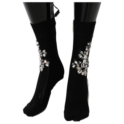 Dolce & Gabbana Black Knitted Floral Clear Crystal Socks