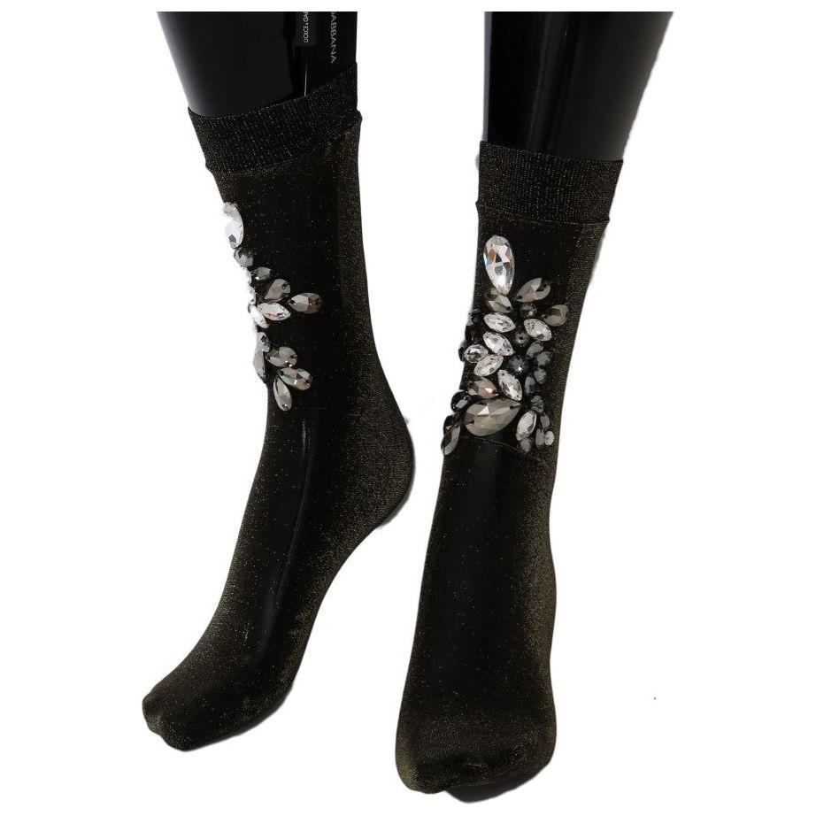 Dolce & Gabbana Black Stretch Floral Clear Crystal Socks