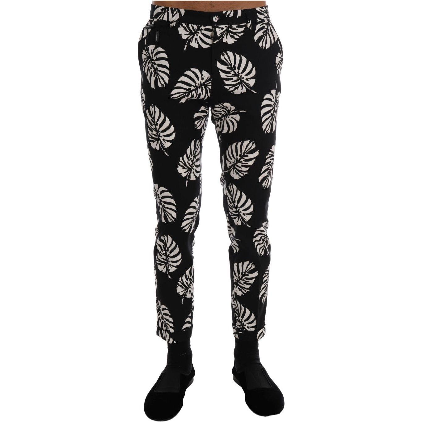 Dolce & Gabbana White Black Leaf Cotton Stretch Slim Pants