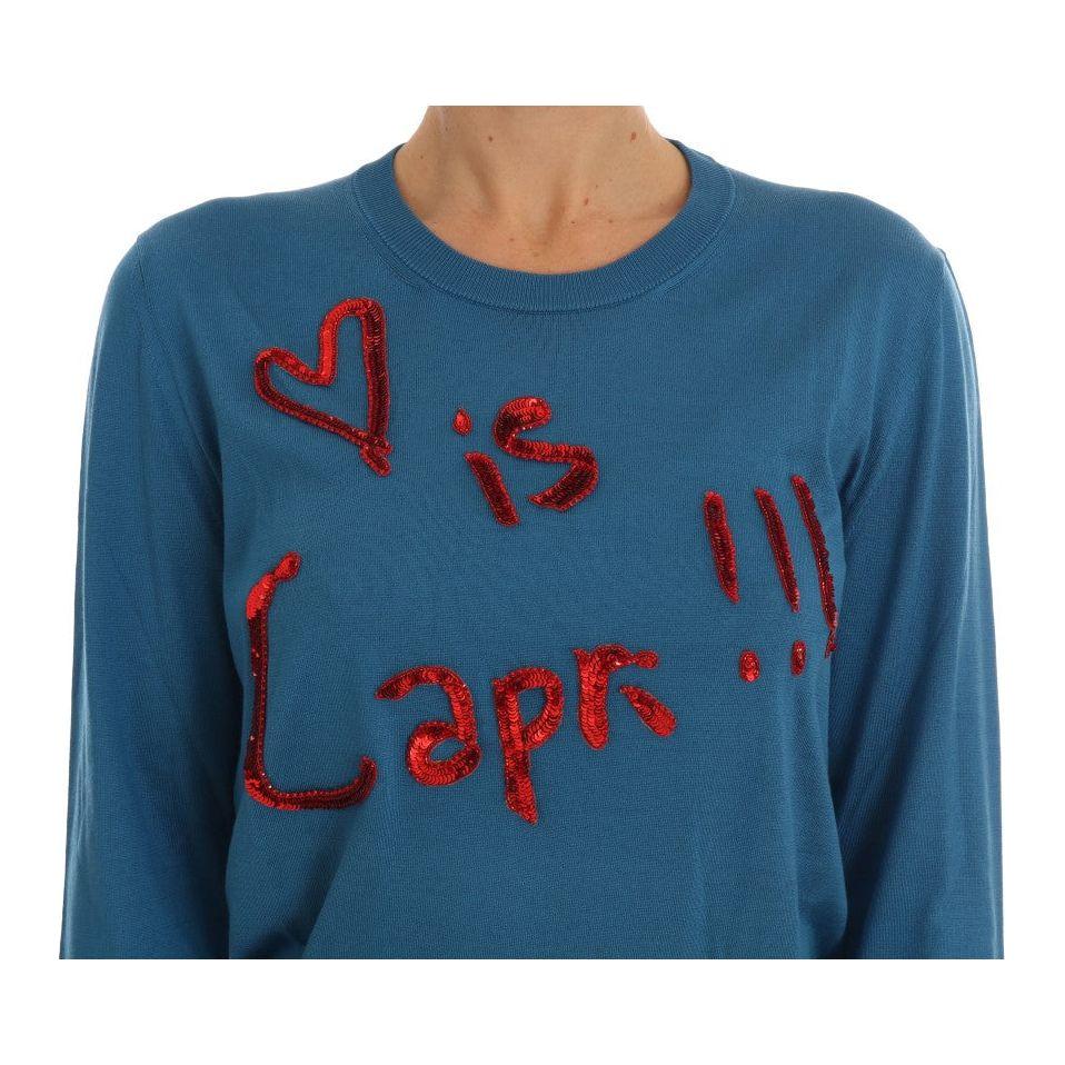Dolce & Gabbana Blue Silk Love is Pullover Sweater