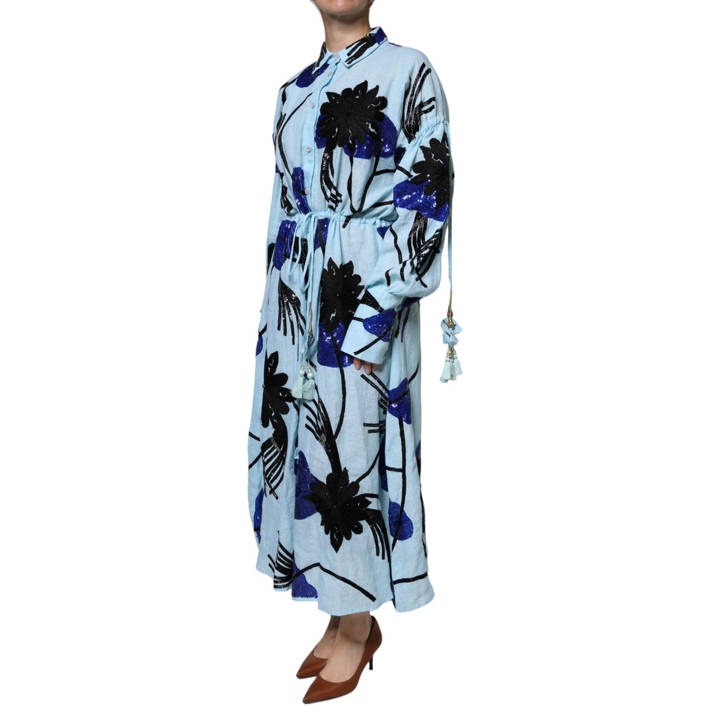 Christian Pellizzari Light Blue Floral Embellished Shirt Maxi Dress