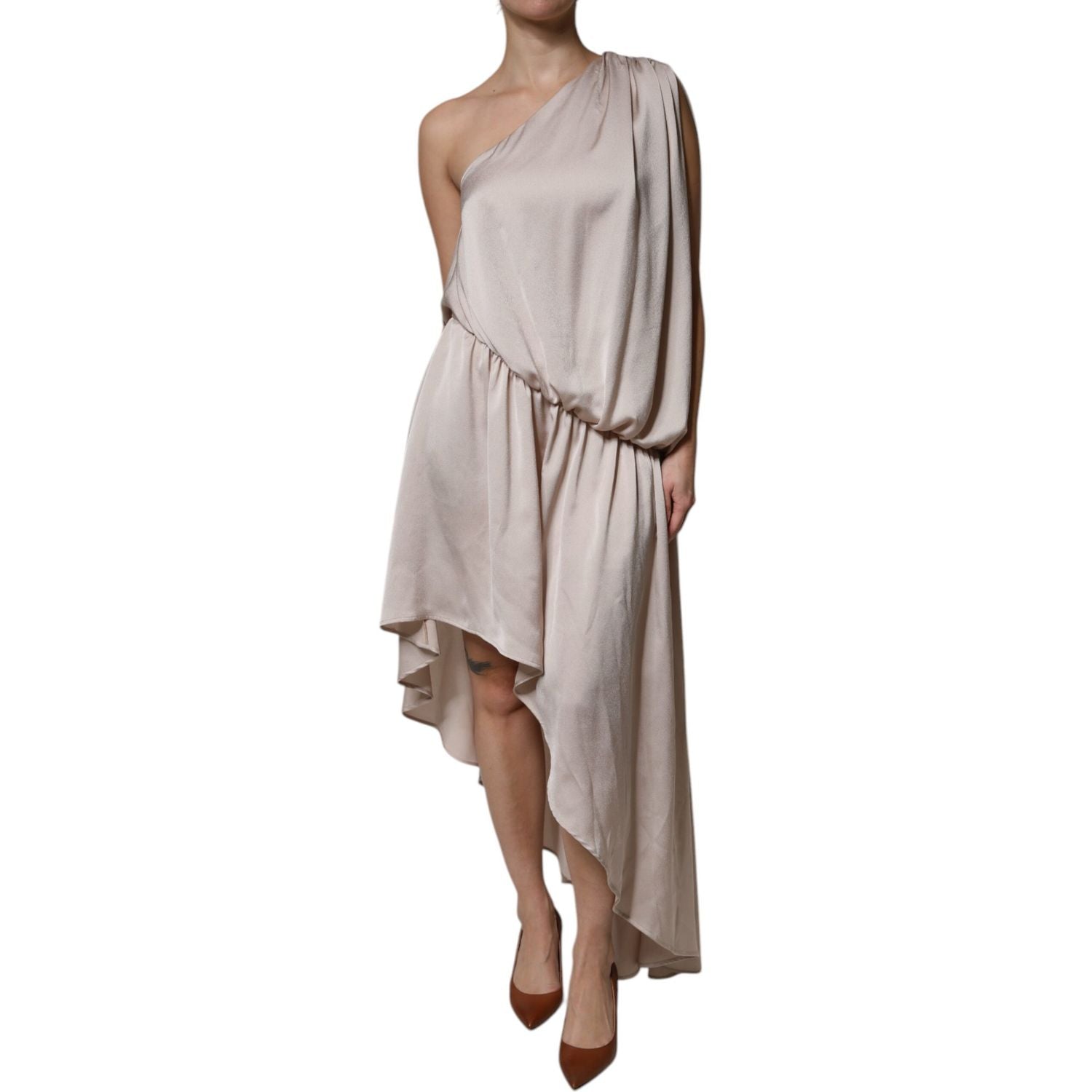 Christian Pellizzari Beige One Shoulder Asymmetric Drape Dress