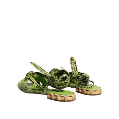 Dolce & Gabbana Green Animal Print Ankle Wrap Sandals Shoes