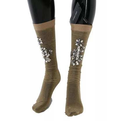 Dolce & Gabbana Gold Stretch Floral Clear Crystal Stocking Socks