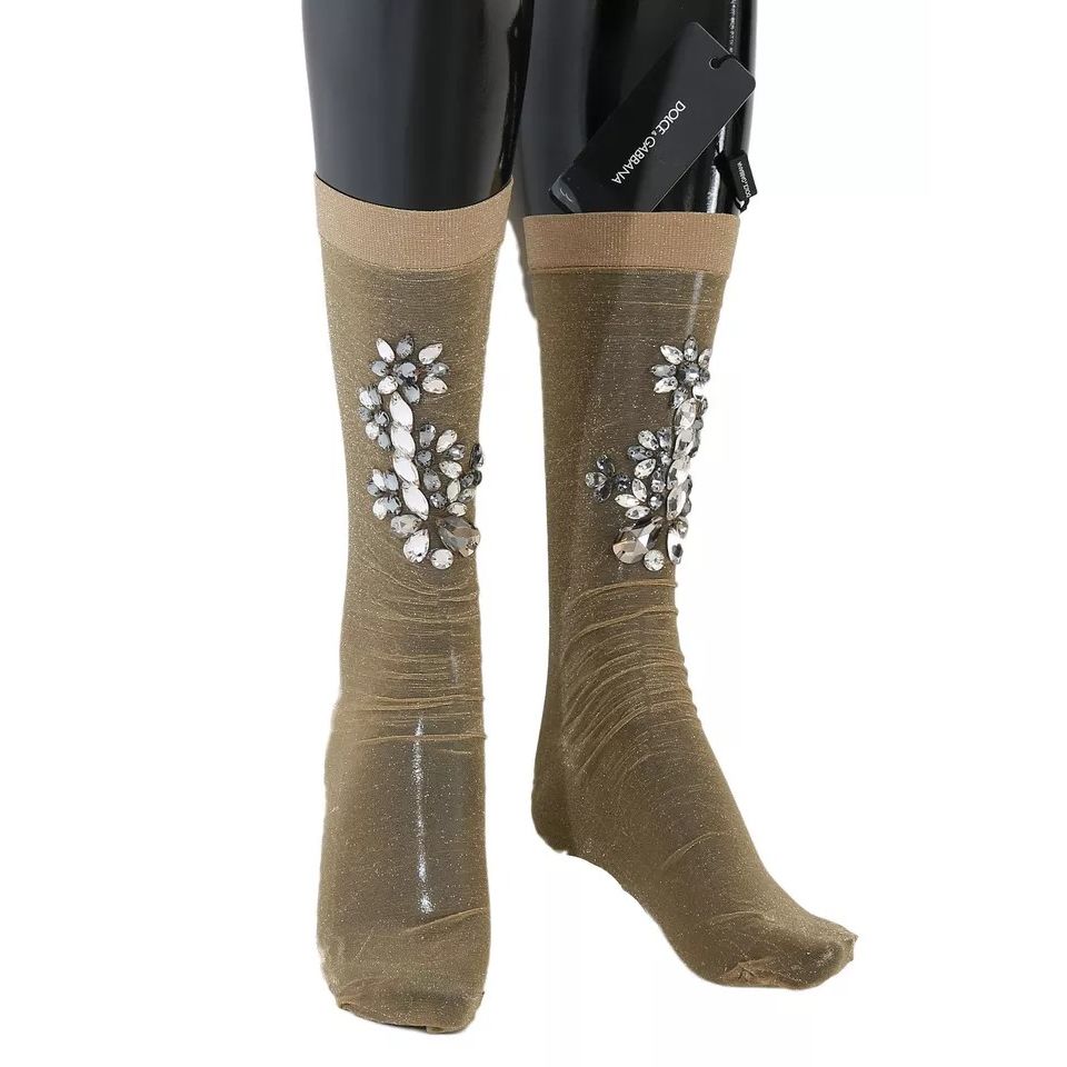 Dolce & Gabbana Gold Stretch Floral Clear Crystal Stocking Socks