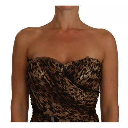 Dolce & Gabbana Brown Leopard Silk Chiffon Ruched Mermaid Maxi Dress