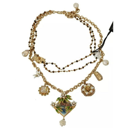 Dolce & Gabbana Gold Brass Crystal Floral Statement Charms Necklace