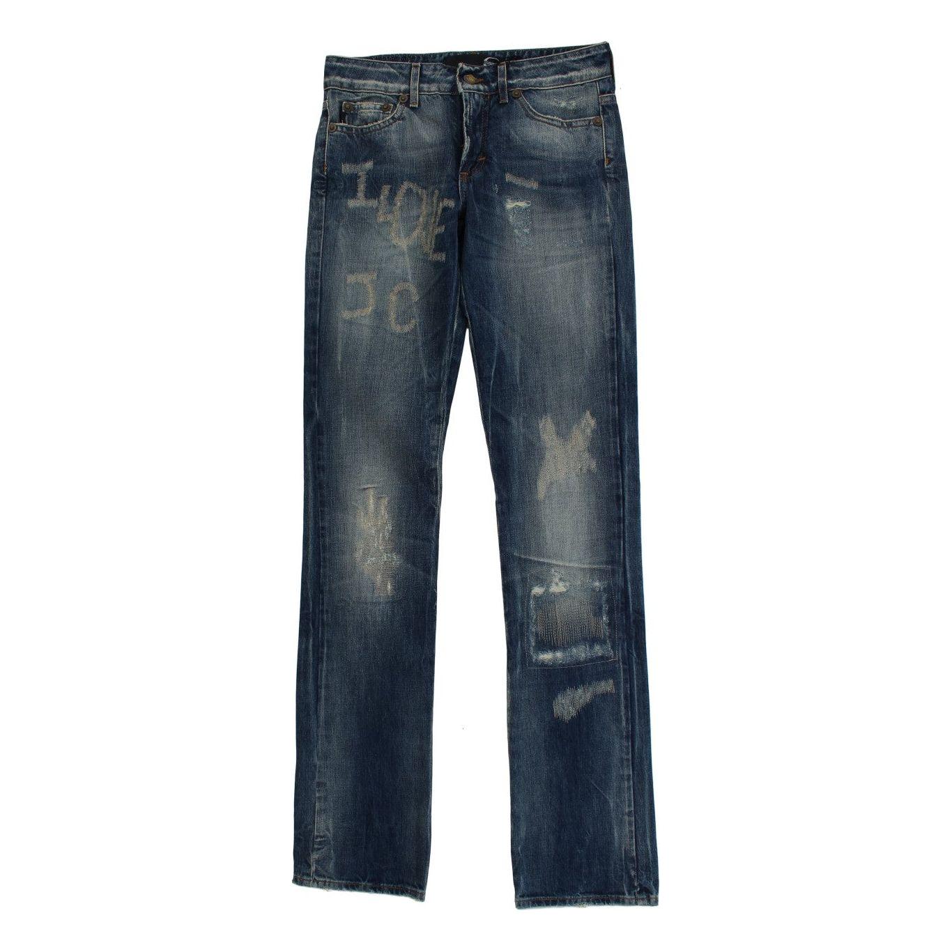 Cavalli Blue Wash Torn Cotton Straight Fit Jeans
