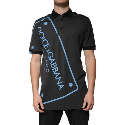 Dolce & Gabbana Black Logo Print Collared Cotton Polo T-shirt