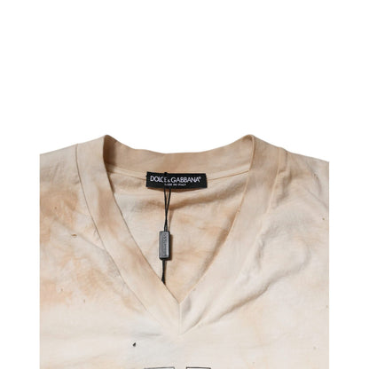 Dolce & Gabbana Beige Graphic Print Cotton V-neck T-shirt
