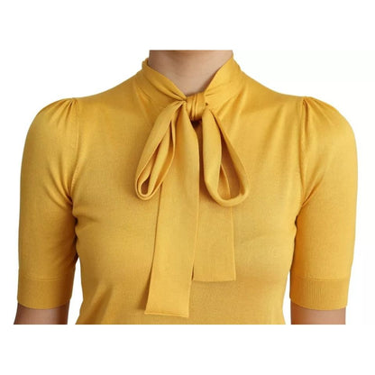Dolce & Gabbana Yellow Silk Knit Pullover Ascot Collar Top