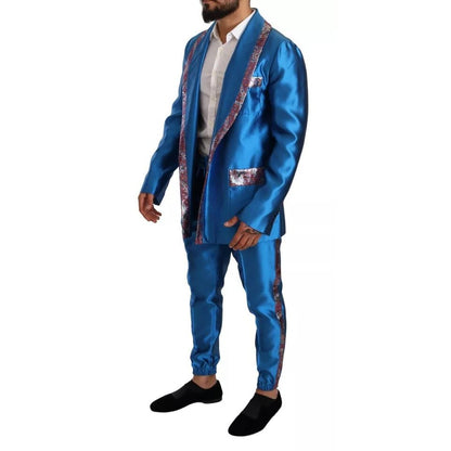 Dolce & Gabbana Blue Jacquard Silk Formal 2 Piece Set Suit