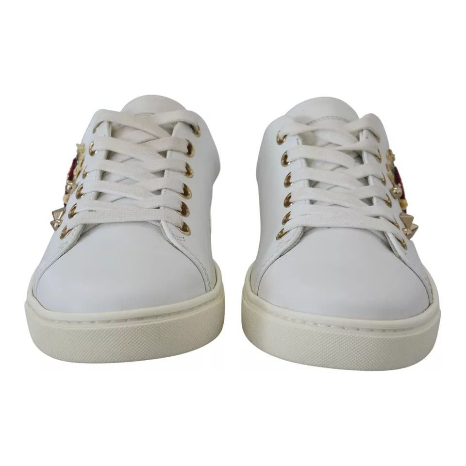 Dolce & Gabbana White Leather Gold Red Heart Sneakers Shoes