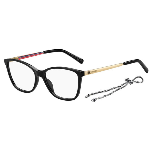 M Missoni Black Acetate Frames with gold temples and include a black and white cord accessory, model MMI-0032-807, size 54/16/145 mm.