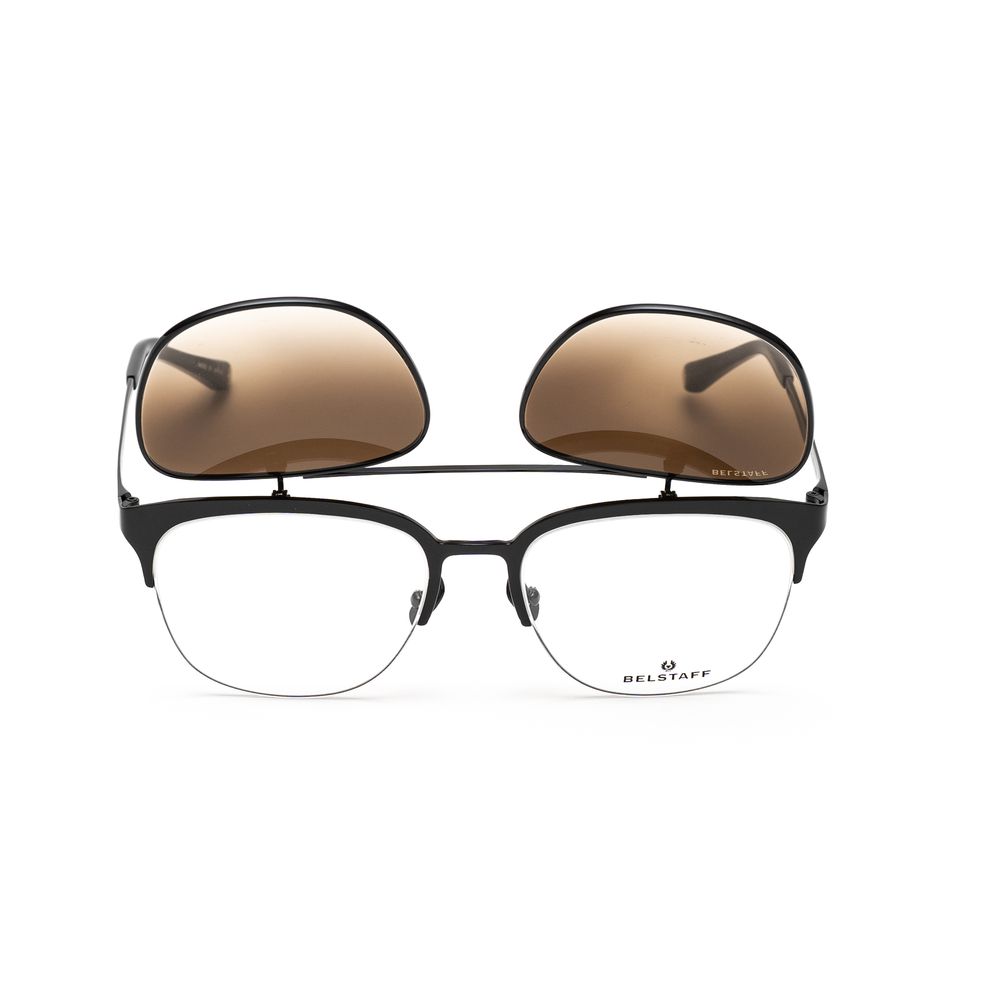 Belstaff Black Titanium Frames with clip-on brown lenses, handmade in Japan, featuring Carl Zeiss and Japanese lenses, 100% UV protection.