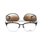 Belstaff Black Titanium Frames with clip-on brown lenses, handmade in Japan, featuring Carl Zeiss and Japanese lenses, 100% UV protection.