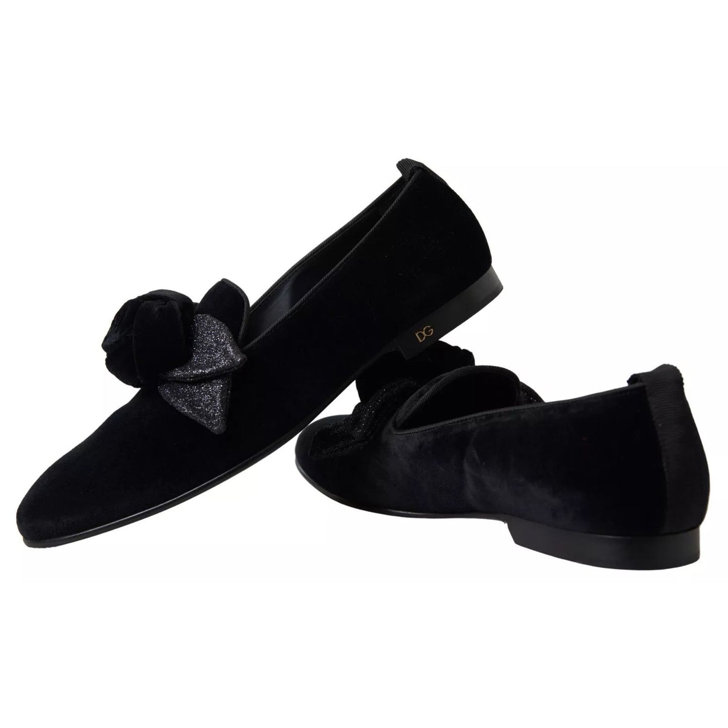 Dolce & Gabbana Black Velvet Flats Bow Young Queen Shoes