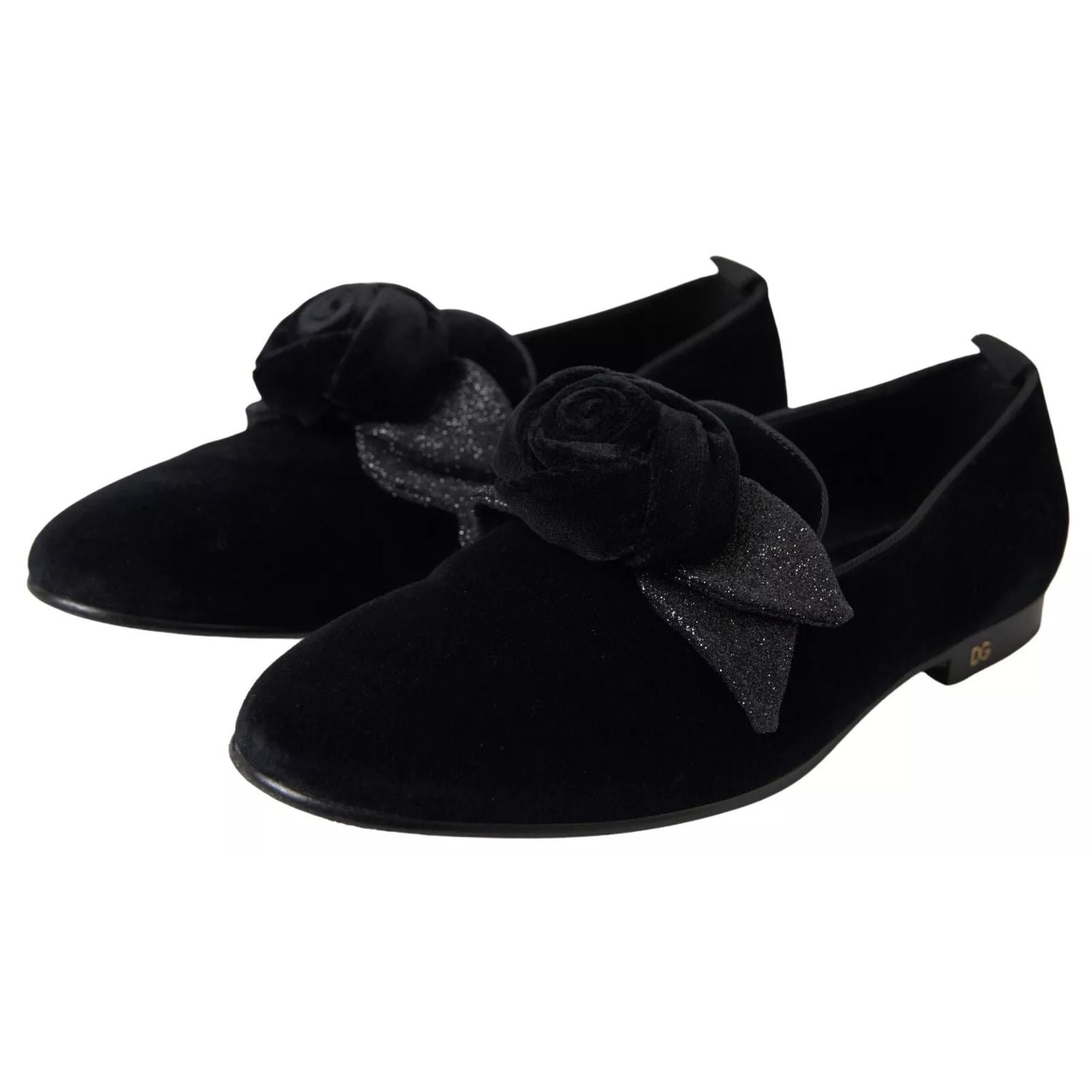 Dolce & Gabbana Black Velvet Flats Bow Young Queen Shoes