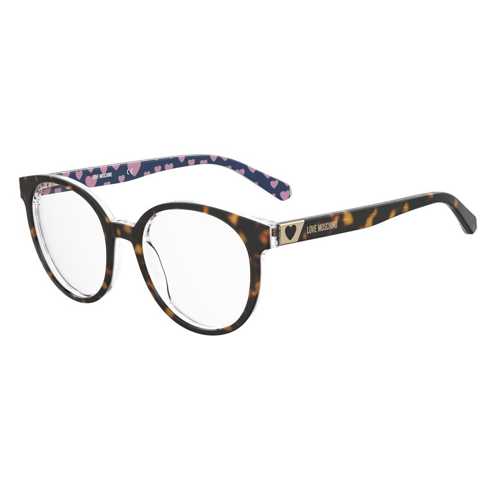 Love Moschino Bicolor Acetate Frames in havana color, model MOL584-086, showcases stylish tortoise shell pattern with heart details on arms.