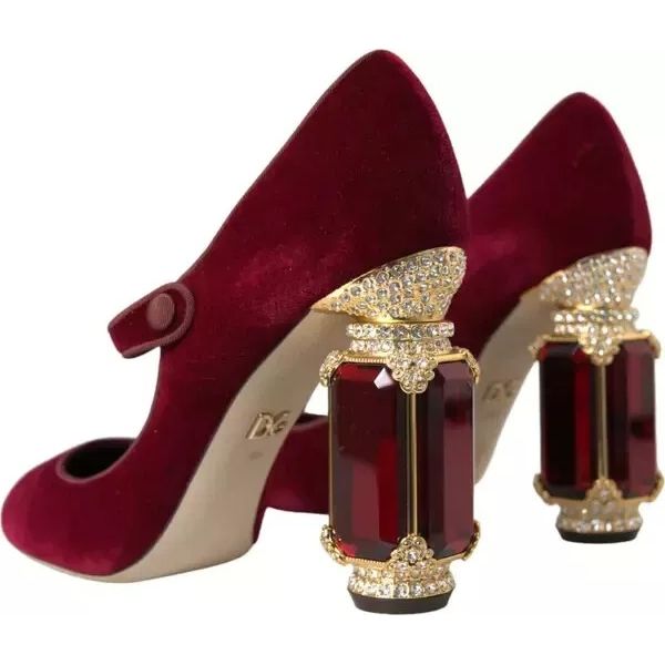 Dolce & Gabbana Red Velvet Gold Crystals Heels Mary Janes Shoes