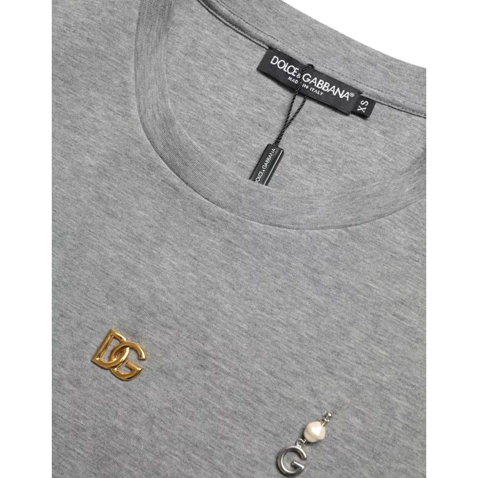 Dolce & Gabbana Gray Cotton Embellished Crew Neck T-shirt
