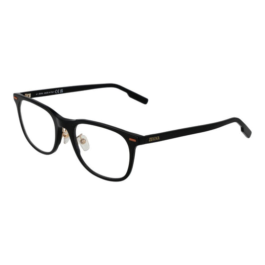 Ermenegildo Zegna Black Men Glasses Frame, rectangular acetate full-rim design, demo lenses, size 53-20-145, includes branded case.