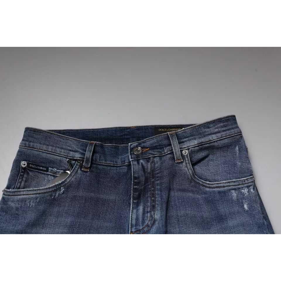 Dolce & Gabbana Blue Tattered Cotton Stretch Skinny Denim Jeans