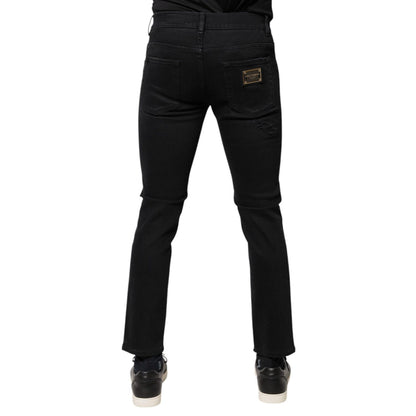 Dolce & Gabbana Black Cotton Tattered Skinny Denim Logo Jeans