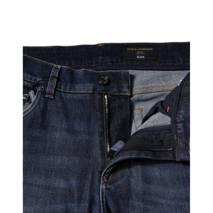 Dolce & Gabbana Blue Cotton Logo Print Slim Fit Denim Jeans