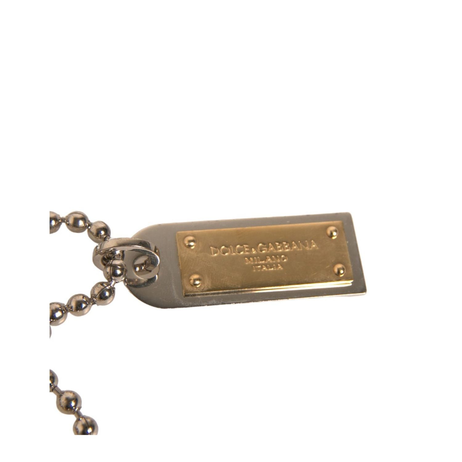 Dolce & Gabbana Silver Brass Chain Beaded Logo Plaque Keychain Keyring