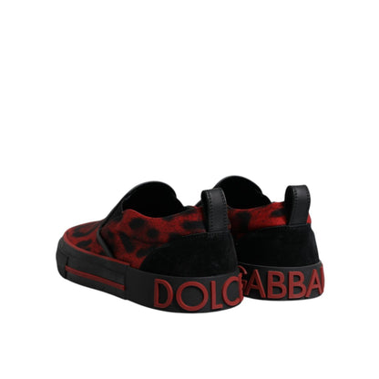 Dolce & Gabbana Red Black Leopard Cotton Men Low Top Sneakers Shoes