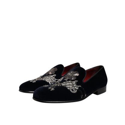 Dolce & Gabbana Black Velvet Floral Gun Loafers Dress Shoes