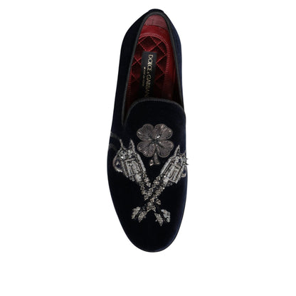 Dolce & Gabbana Black Velvet Floral Gun Loafers Dress Shoes
