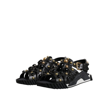 Dolce & Gabbana Black Leather Studded Slides Sandals Shoes