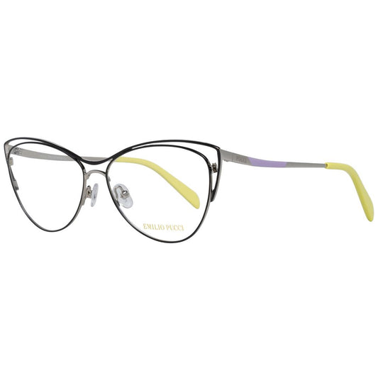 Alt Tag: Emilio Pucci Black Women Glasses Frame, metal full-rim design, 56-14-140 size, classic eyewear with branded case, black color.