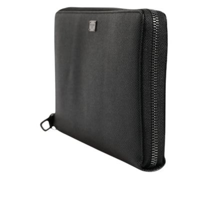 Dolce & Gabbana Black Calfskin Leather Logo Zip Around Continental Wallet