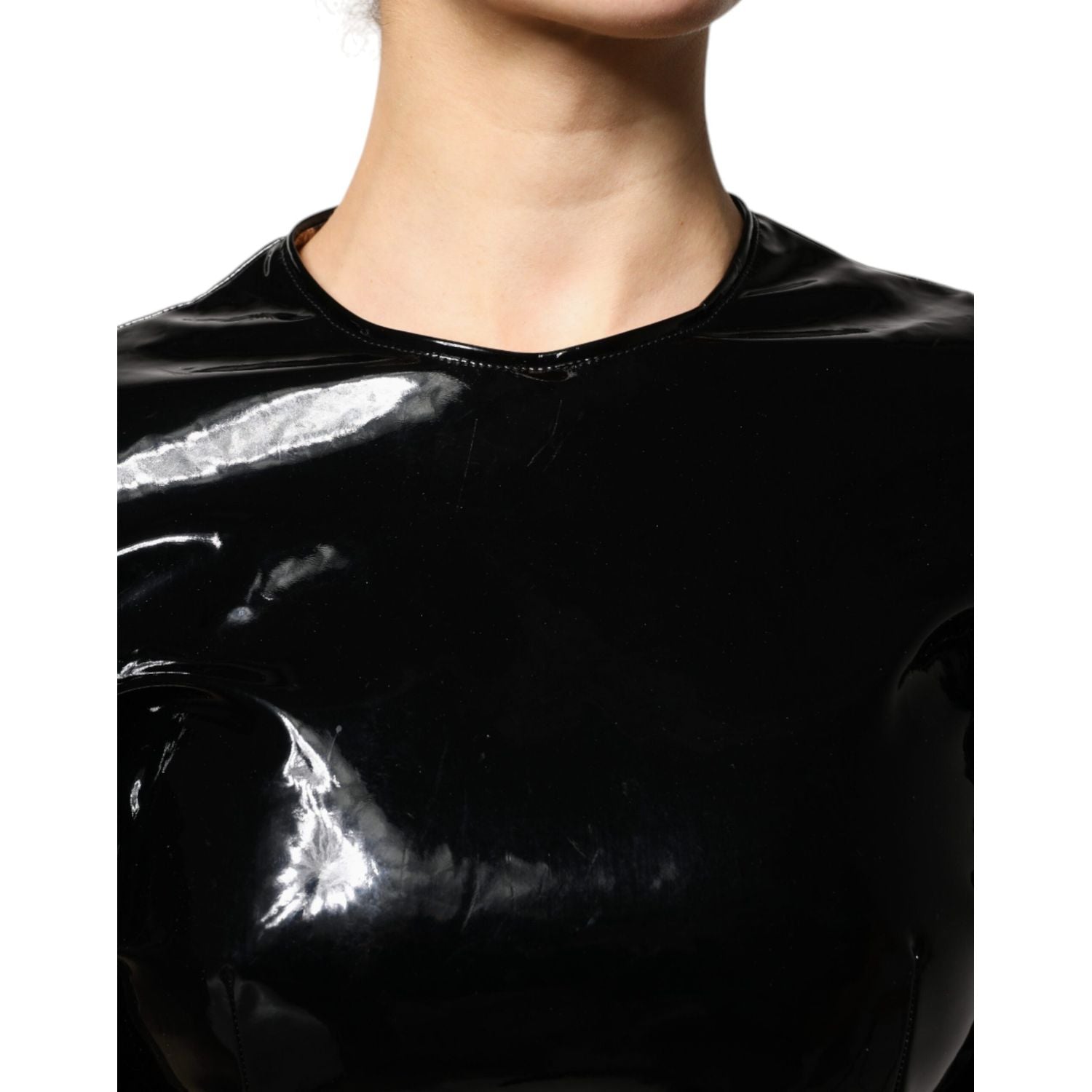 Dolce & Gabbana Black Patent Leather Puff Sleeves Mini Dress