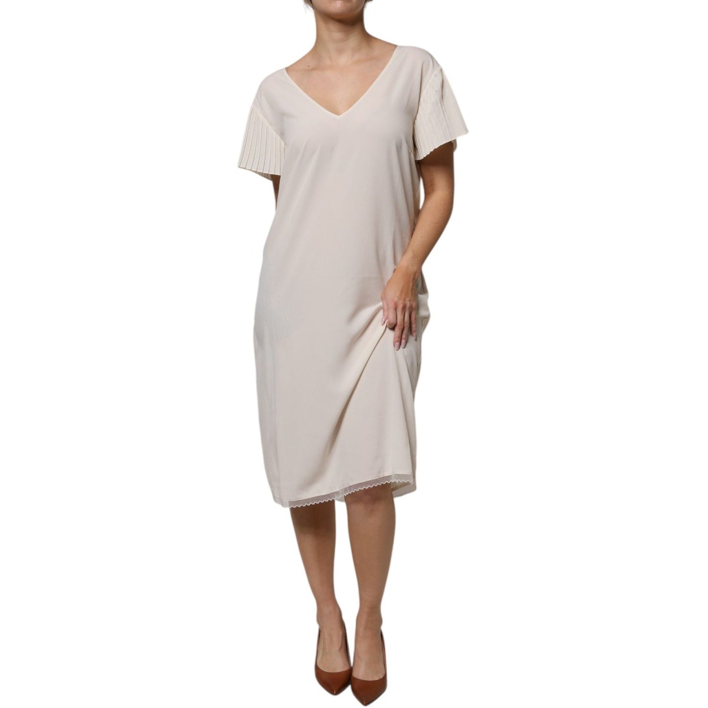 Peserico Off White Short Sleeves V-neck Shift Midi Dress