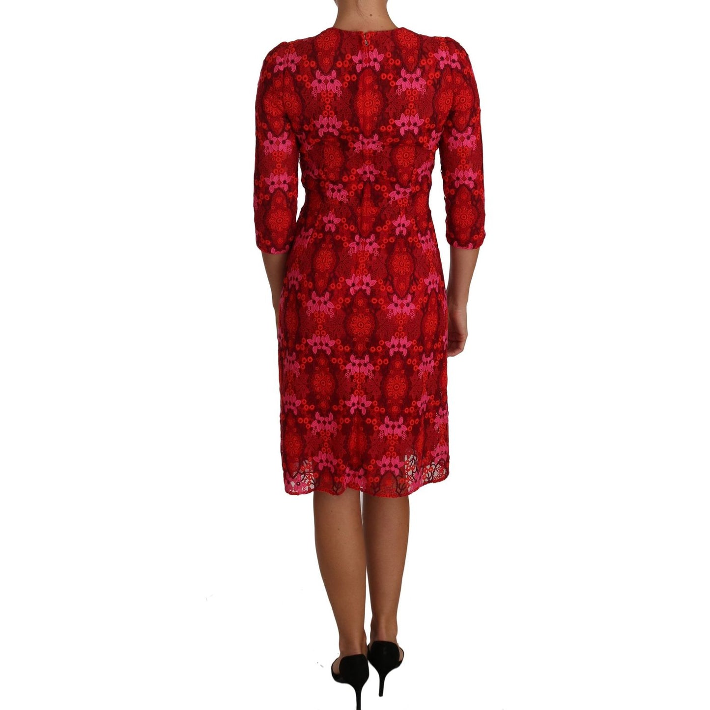 Dolce & Gabbana Floral Crochet Lace Red Pink Sheath Dress