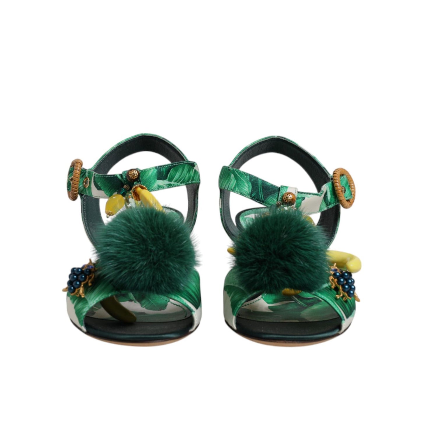 Dolce & Gabbana Green Crystal Fur Embellished Sandals Shoes