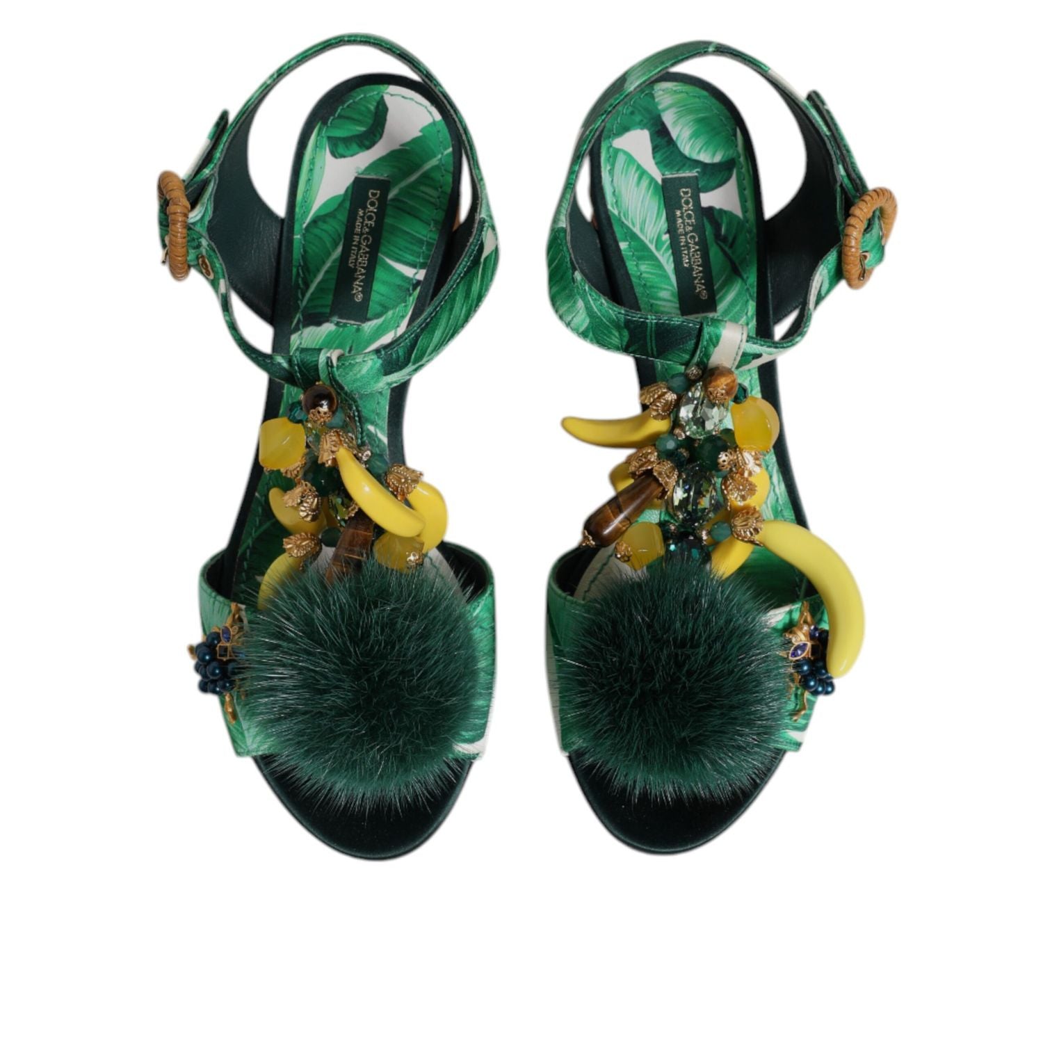 Dolce & Gabbana Green Crystal Fur Embellished Sandals Shoes
