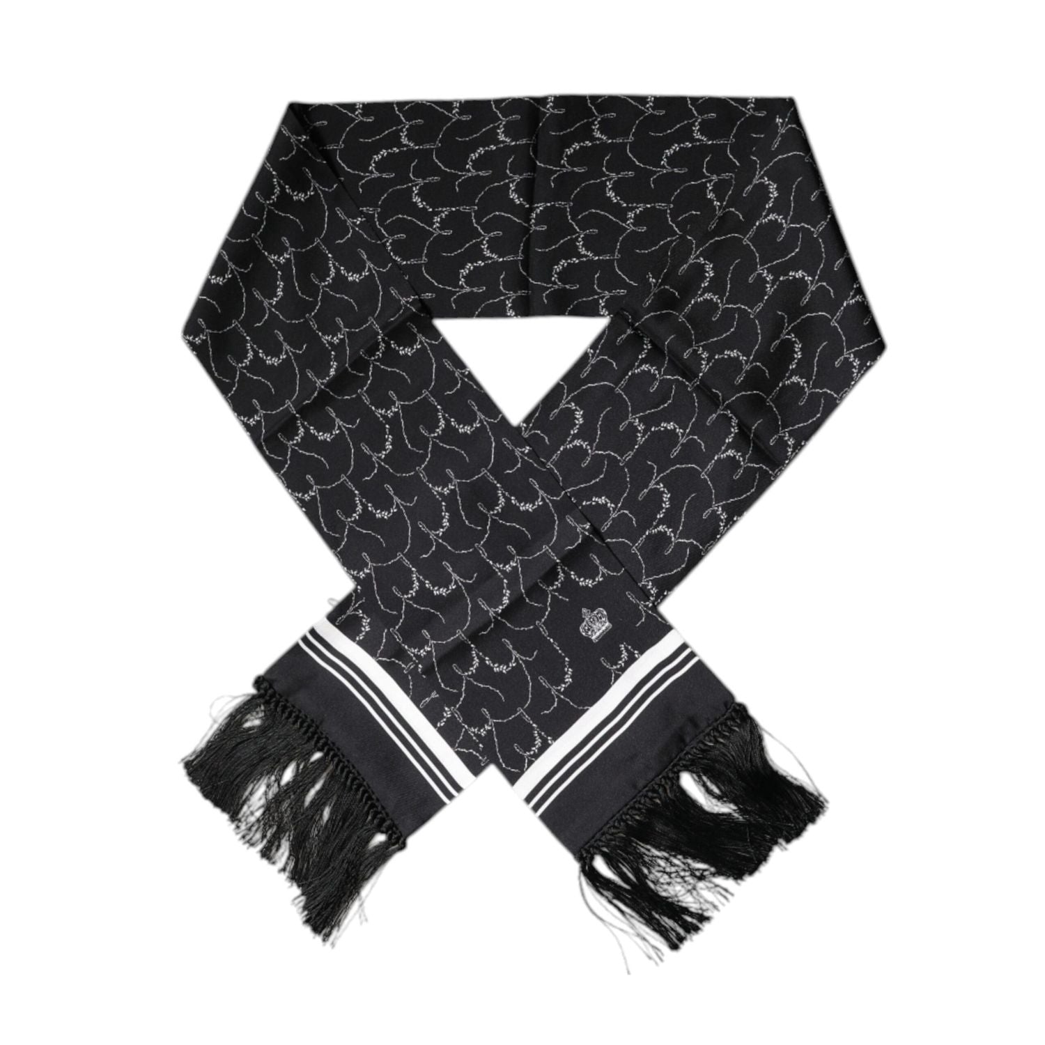 Dolce & Gabbana Black Patterned Skinny Fringes Shawl Scarf