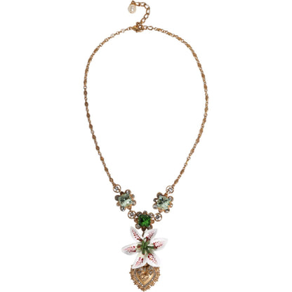 Dolce & Gabbana Gold Brass Lily Crystal Sacred Heart Pendant Necklace