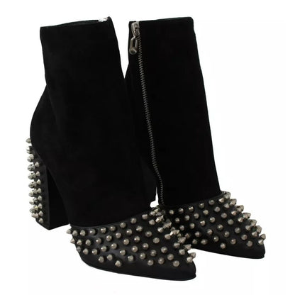 Philipp Plein Black Suede Studded Heels Ankle Boots Shoes