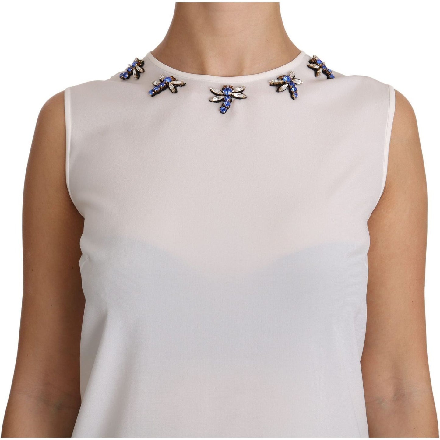 Dolce & Gabbana White Silk Embellished Crystal Dragonfly Top